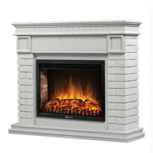 Каминокомплект: Очаг Electrolux EFP/P-3020LS N, портал Брикс 30 камень белый, белая эмаль